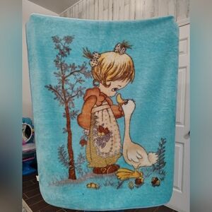 Vintage Precious Moments Aqua Blue Kids Blanket with Girl & Goose Print